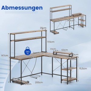 Costway L-förmiger Gaming Schreibtisch mit Monitorständer, braun, mit Abmessungen.