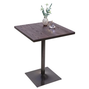 Dunkelbrauner quadratischer Bistrotisch aus Ulmenholz mit schwarzem Metallfuß. Ideal für Gastronomie und Zuhause.