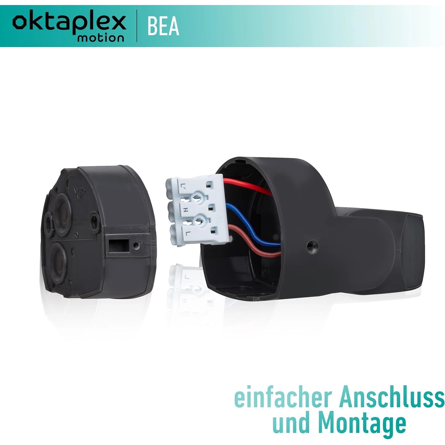 Oktaplex Bea Bewegungsmelder für Außen, IP65, 10m Reichweite, Anthrazit, Detailansicht der Verkabelung.