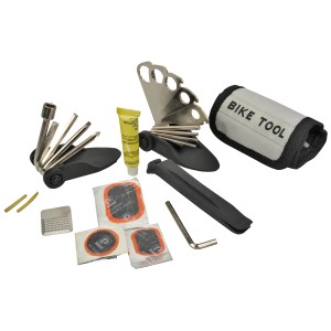 Fischer Faltwerkzeug-Set, 33-teilig, mit Tasche und Flickzeug für Fahrradreparaturen.