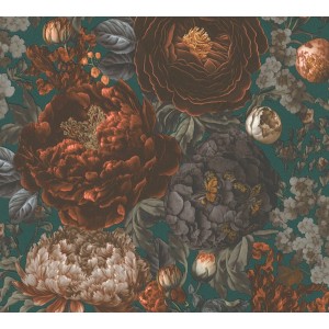 A.S. Création Vliestapete mit Blumenmuster in Grün, Orange und Grau.
