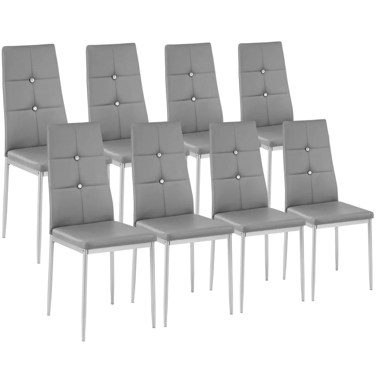 Tectake Set Esszimmerstuhl Julien Gepolstert Mit Kunstlederbezug Hohe Rückenlehne Mit Glitzersteinen 8Er Set 40 x 42 x 97 cm Grau