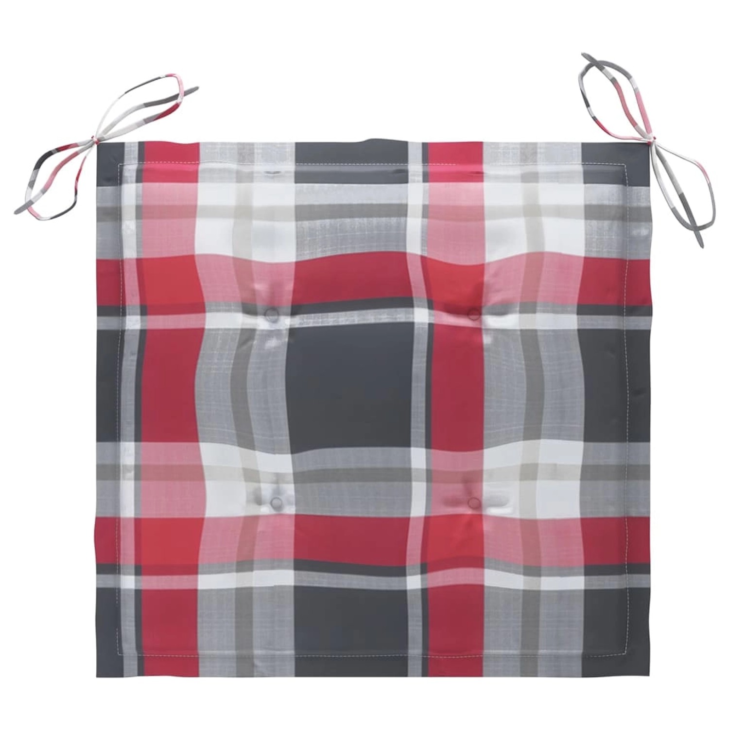 Kissen für Gartenstühle, rot-grau kariert, mit Bändern zur Befestigung.