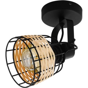 Schwarze Eglo Wandlampe Anwick mit Rattan-Schirm im Vintage-Look.