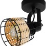 Schwarze Eglo Wandlampe Anwick mit Rattan-Schirm im Vintage-Look.