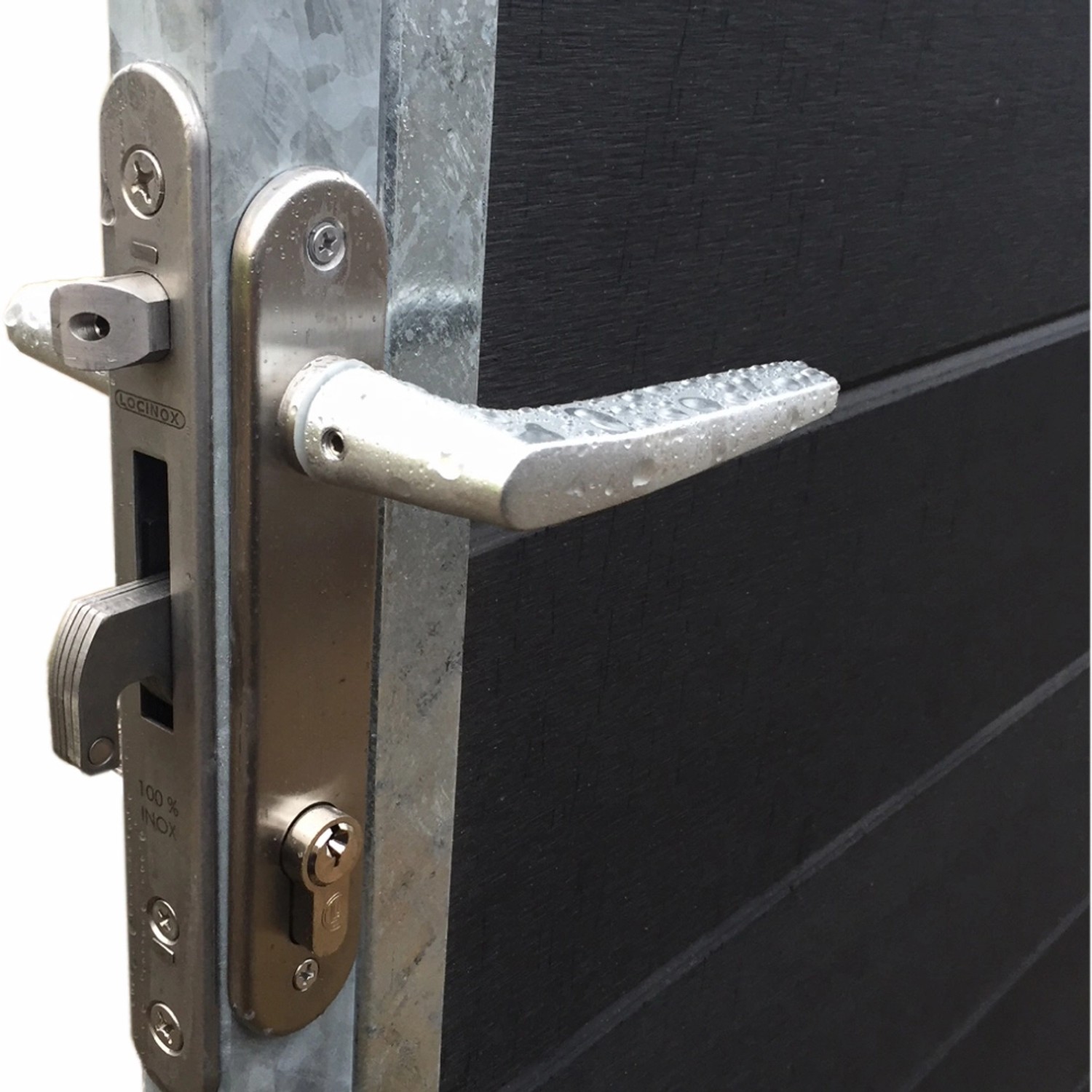 Detailaufnahme: Griff und Schloss des Doppeltors Artura WPC in Schiefergrau mit silbernem Pfosten.