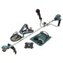 Makita Akku-Freischneider UR02GZ01 XGT 40 V max. mit Schultergurt, Schneidklinge und Zubehör auf weißem Grund.