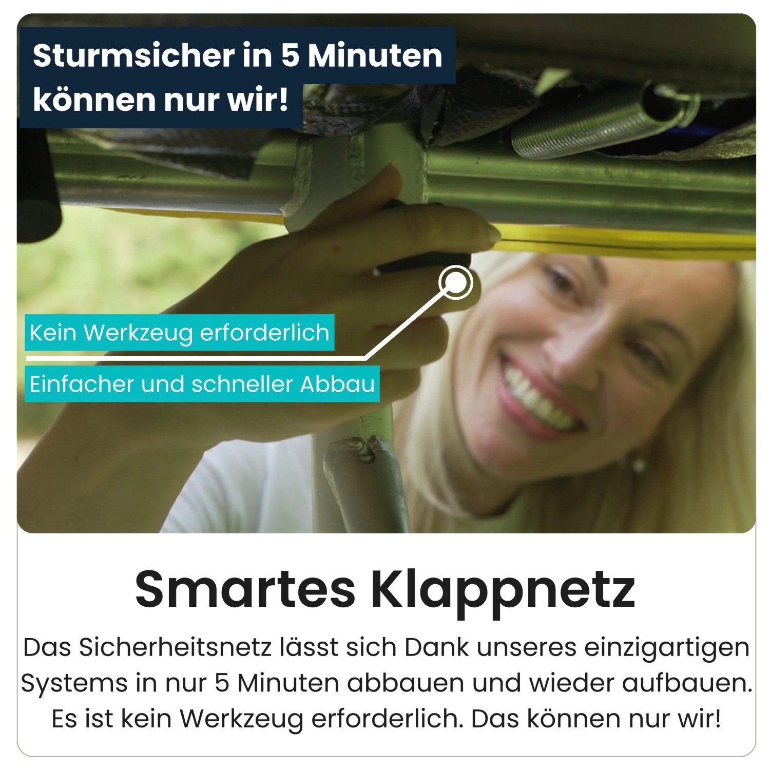 Detailaufnahme des smarten Klappnetzes vom Zero Gravity Trampolin mit einfacher Montage.