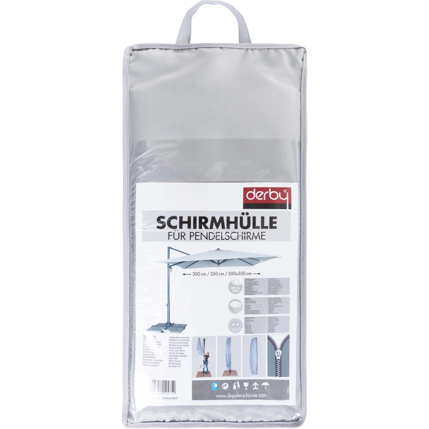 Derby Schirmhülle für Pendelschirme Ravenna, grau, mit Reißverschluss und Stab in Verpackung.