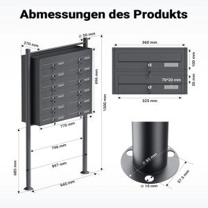 Abbildung der Wiltec 12er Briefkastenanlage Anthrazit mit Maßangaben.