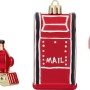 3er Set Kunststoff-Ornamente als Baumbehang: Zug, Briefkasten, Geschenk in Gold, Kupfer und Braun.