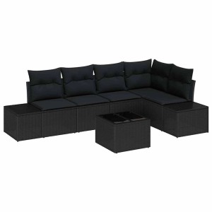 6-teiliges Gartenmöbel-Set: Sofa aus Poly Rattan mit schwarzen Kissen und Tisch.