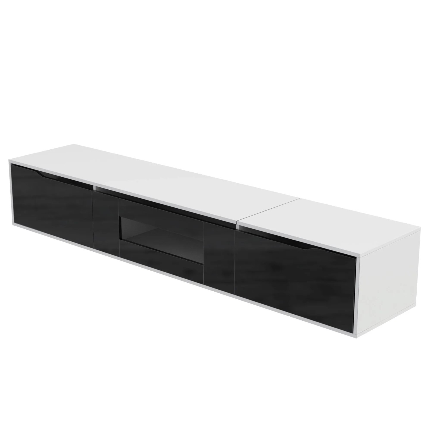 okwish TV Schrank mit LED Licht Holzoptik Glasböden 180x35x30cm Schwarz