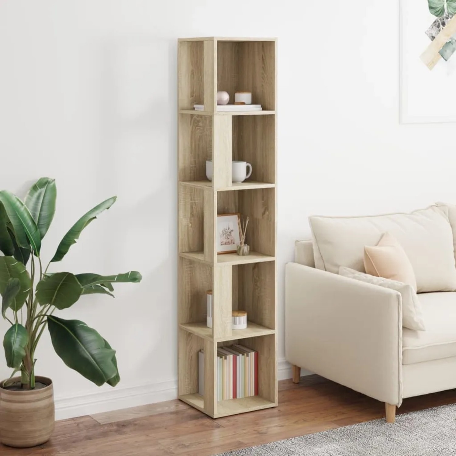 Eckregal Sonoma Eiche, 164,5 cm hoch, Holzwerkstoff, Büroschrank mit 5 Fächern.