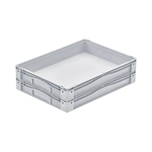 Graue PROREGAL Euro-Norm Großbehälter (49L) aus Kunststoff, gestapelt. Ideal für Lagerung und Transport.