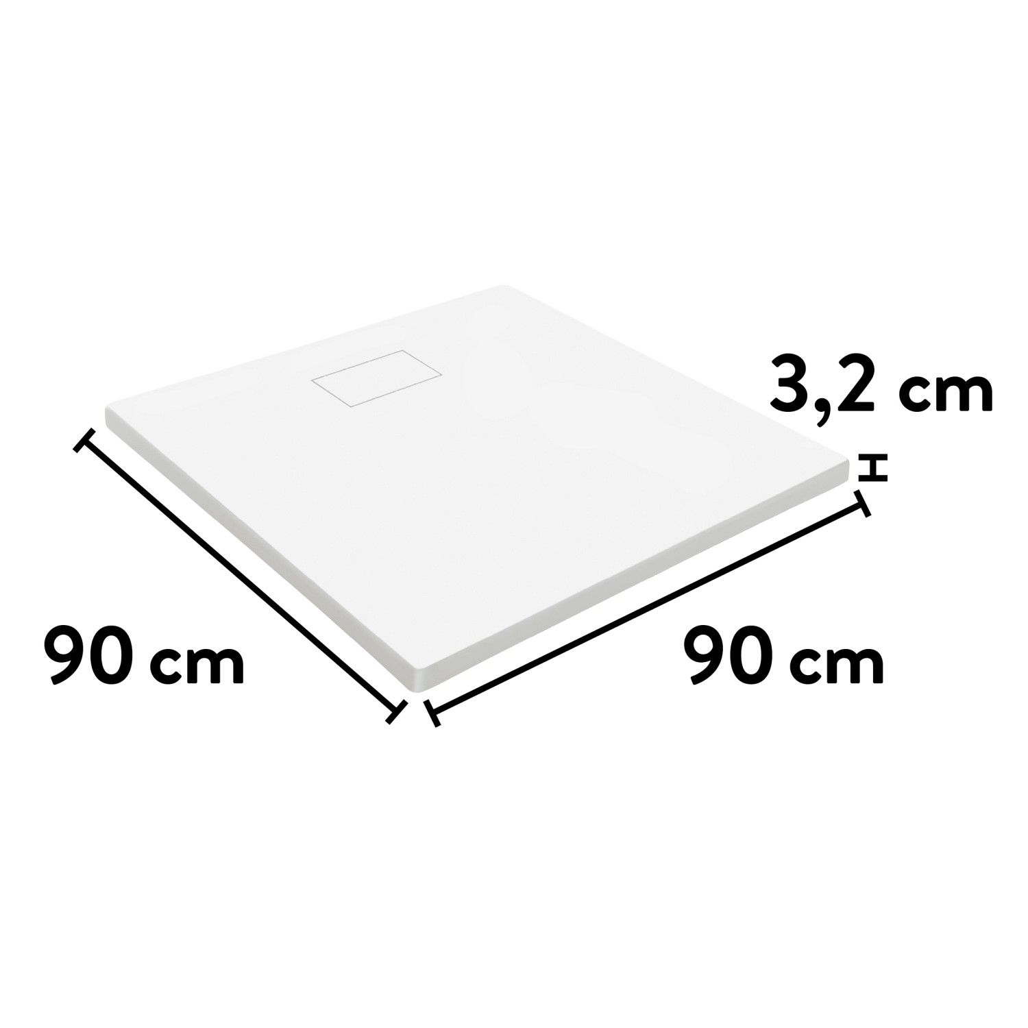 Weiße baliv Duschwanne DW-90.100E in Steinoptik, 90x90 cm, aus robustem SMC Kunststoff.
