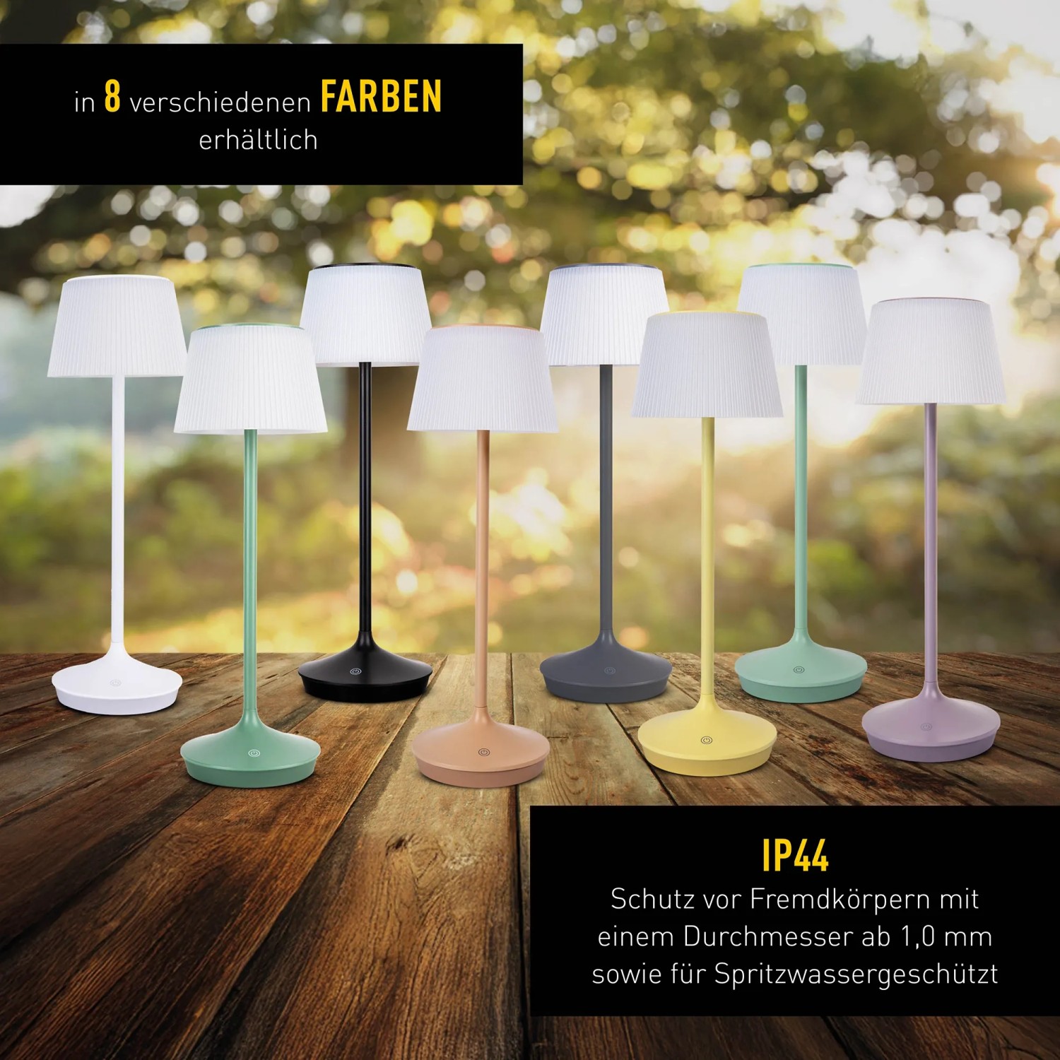 Näve LED Solar Tischleuchte Emmi in verschiedenen Farben. Dimmbare Akku-Leuchte für den Außenbereich.
