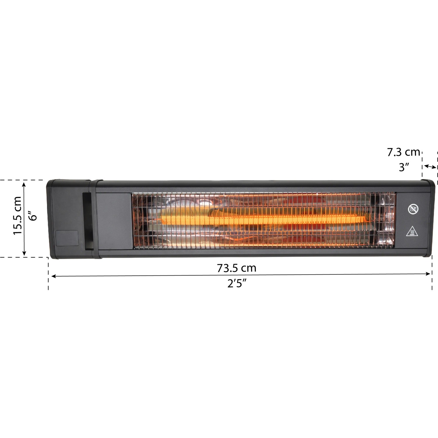 Palram Infrarot Heizstrahler für Terrasse, 1800 W, mit Maßangaben.