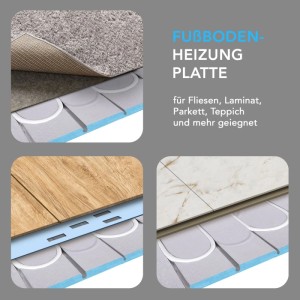 Belvit XPS 500 Fußbodenheizungsset: Aufbau mit Fliesen, Laminat, Parkett und Teppich dargestellt.