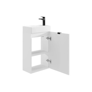 Weißer Vente-unique Vahira Handwaschbeckenunterschrank, 40 cm breit, hängend, mit offener Tür und Regal.