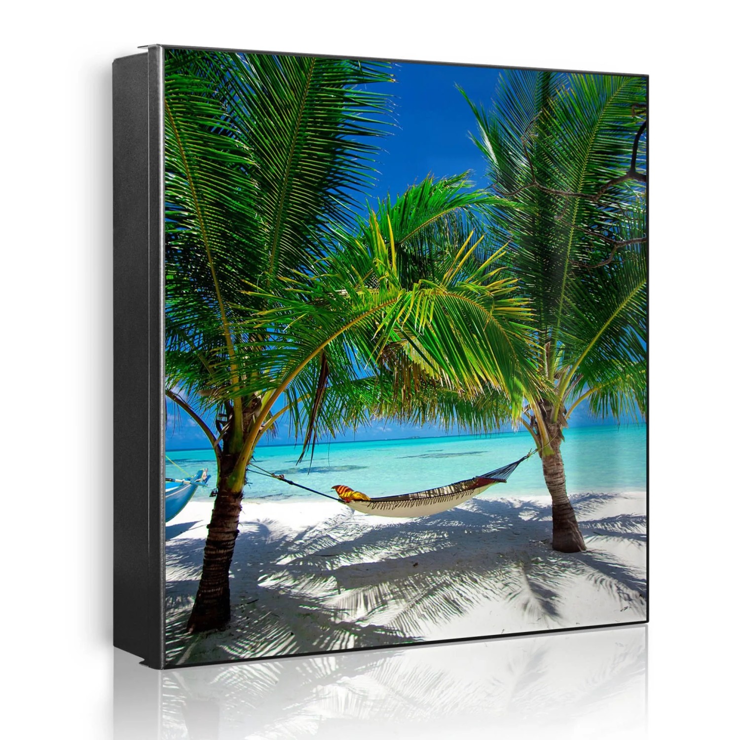 Banjado Großer Schlüsselkasten Metall 30x30cm Schwarz Scharnier Links 50 Haken Beschreibbar Magnetisch Motiv Strand