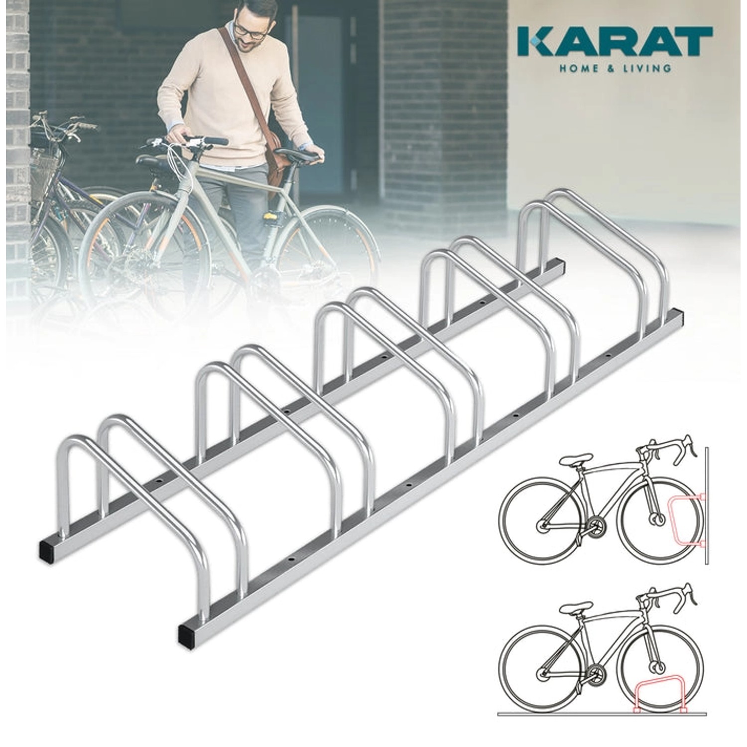 Silberner KARAT Fahrradständer Linus für 5 Fahrräder, zur Boden- oder Wandmontage.