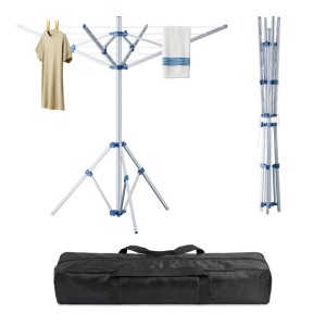 Mobile Alu Wäschespinne, klappbar, mit Wäsche und Tragetasche. Ideal für Camping & Reise.