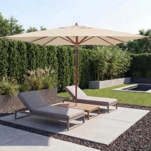 Cremefarbener, eckiger 3x3m Polyester Ersatz-Sonnenschirmbezug für Holzschirm, mit UV-Schutz, im Garten.