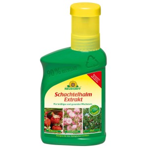 Grüne Neudorff Schachtelhalm Extrakt Flasche mit gelbem Deckel. Pflanzenstärkungsmittel für kräftiges Wachstum von Erdbeeren, Zierpflanzen, Obst.