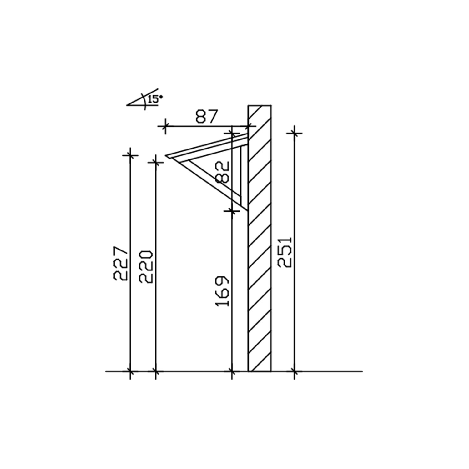 Technische Zeichnung des Skan Holz Vordach Poel, Maße: 148 x 87 cm, unbehandeltes Holz.