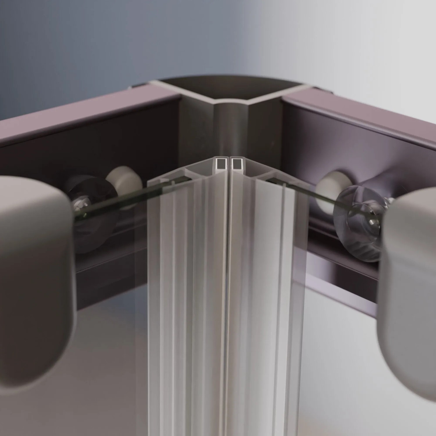 Schulte Sunny Eckeinstieg Dusche: Detail der Gunmetal Profile, Schiebetüren und Klarglas. Hochwertige Eckdusche.