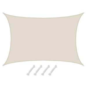Beiges, rechteckiges AMANKA Sonnensegel (7x5m) aus wasserdichtem Polyester mit Befestigungsseilen.
