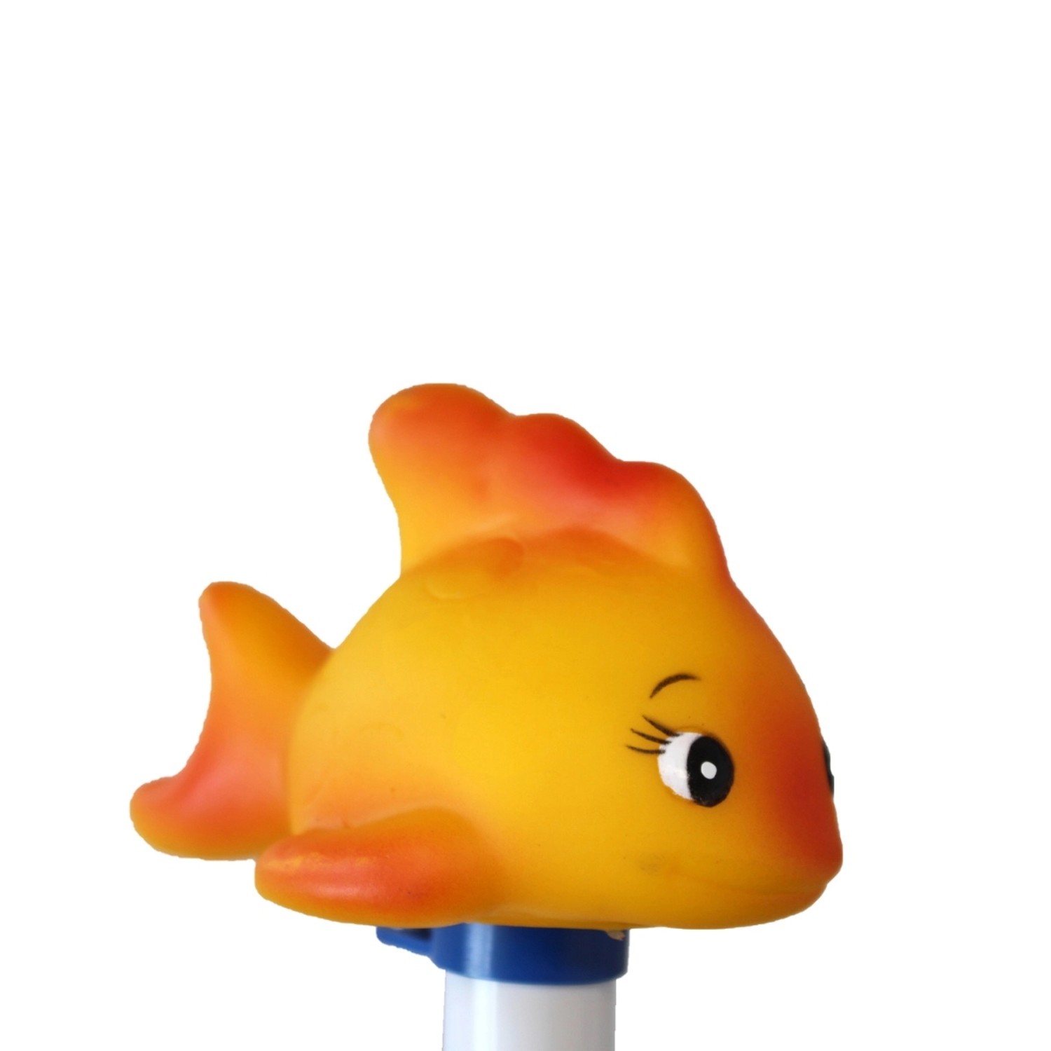 Orangefarbenes Pool Thermometer in Fischform mit Schnur zur Temperaturmessung.