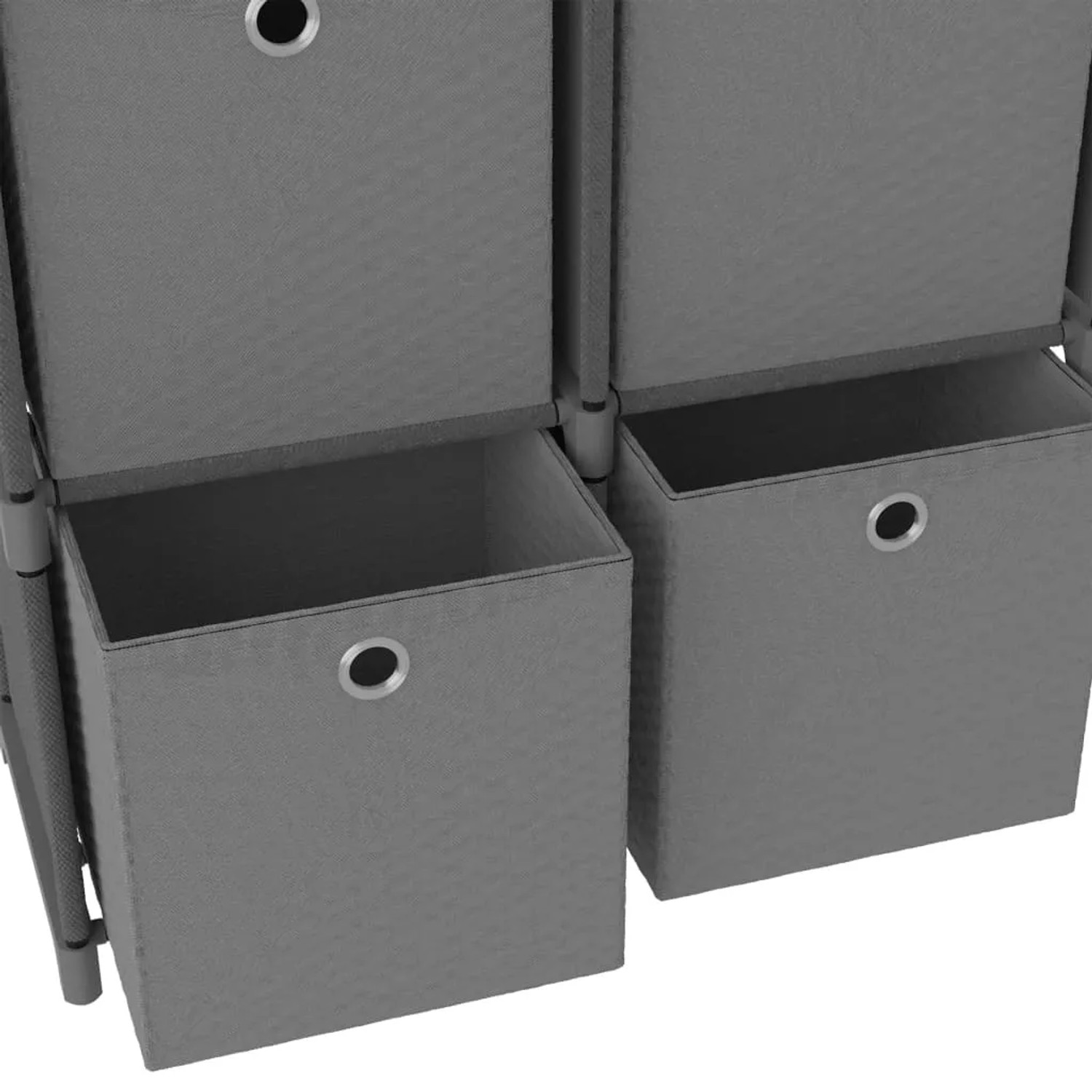 Graues Würfel-Regal mit Stoffboxen, 4 Fächer. Wandregal zur Aufbewahrung.