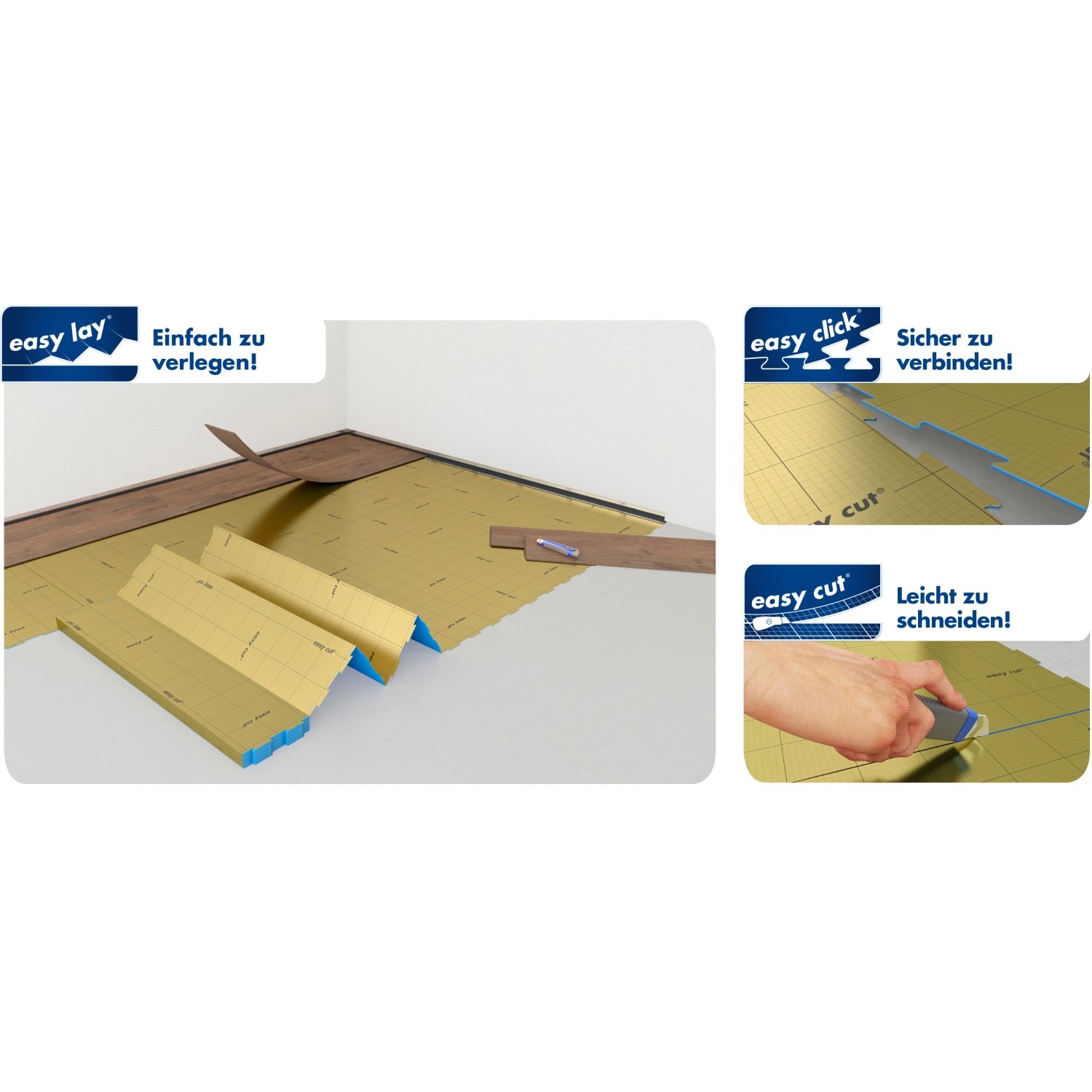 Selitbloc GripTec Trittschalldämmung: Goldene Dämmplatten mit Verlegehinweisen im Raum.