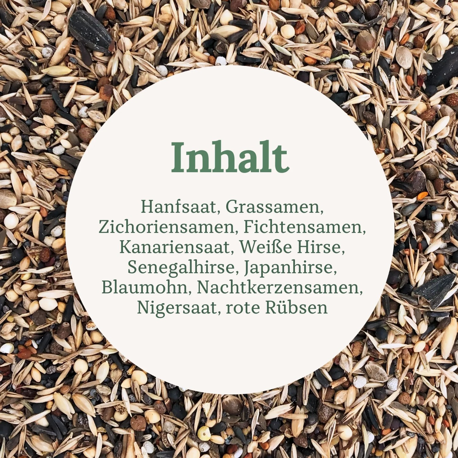 Mischung aus Saaten und Körnern für Wildvögel, speziell Stieglitze.