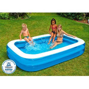 Blauer Family Pool 262x175x50 cm mit spielenden Kindern im Garten.