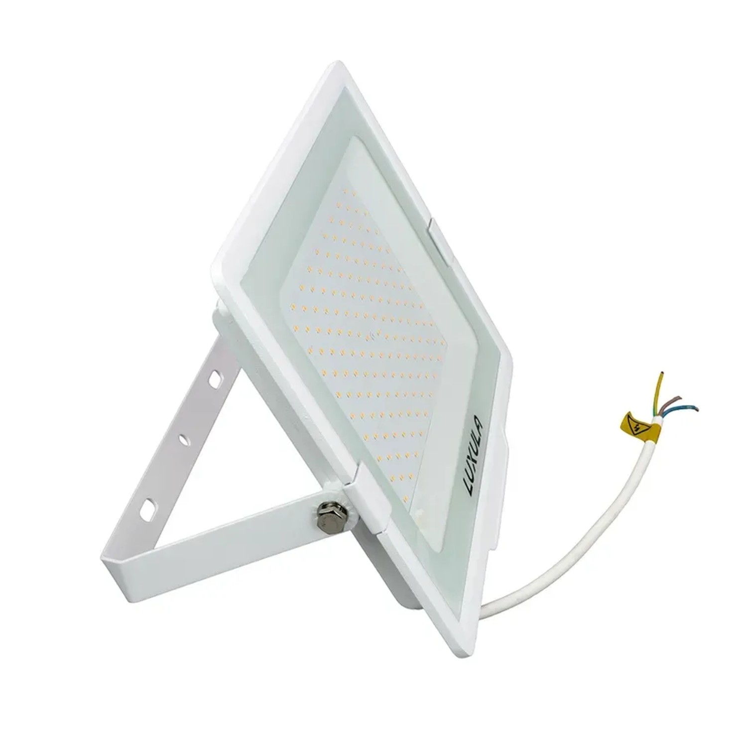 Weißer LUXULA LED Strahler 150W mit Halterung, warmweißes Licht, geeignet als robuster Baustrahler.