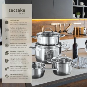 7-teiliges Tectake Kochtopfset Bologna aus Edelstahl, geeignet für Induktion.