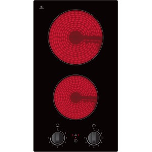 Schwarzes PKM Glaskeramikkochfeld EB-GK2KG mit zwei Kochzonen und Drehknöpfen.