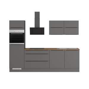 Moderne Küchenzeile in Grafit mit E-Geräten. Die Impuls Küche IKZ12806L ist 280 cm breit.