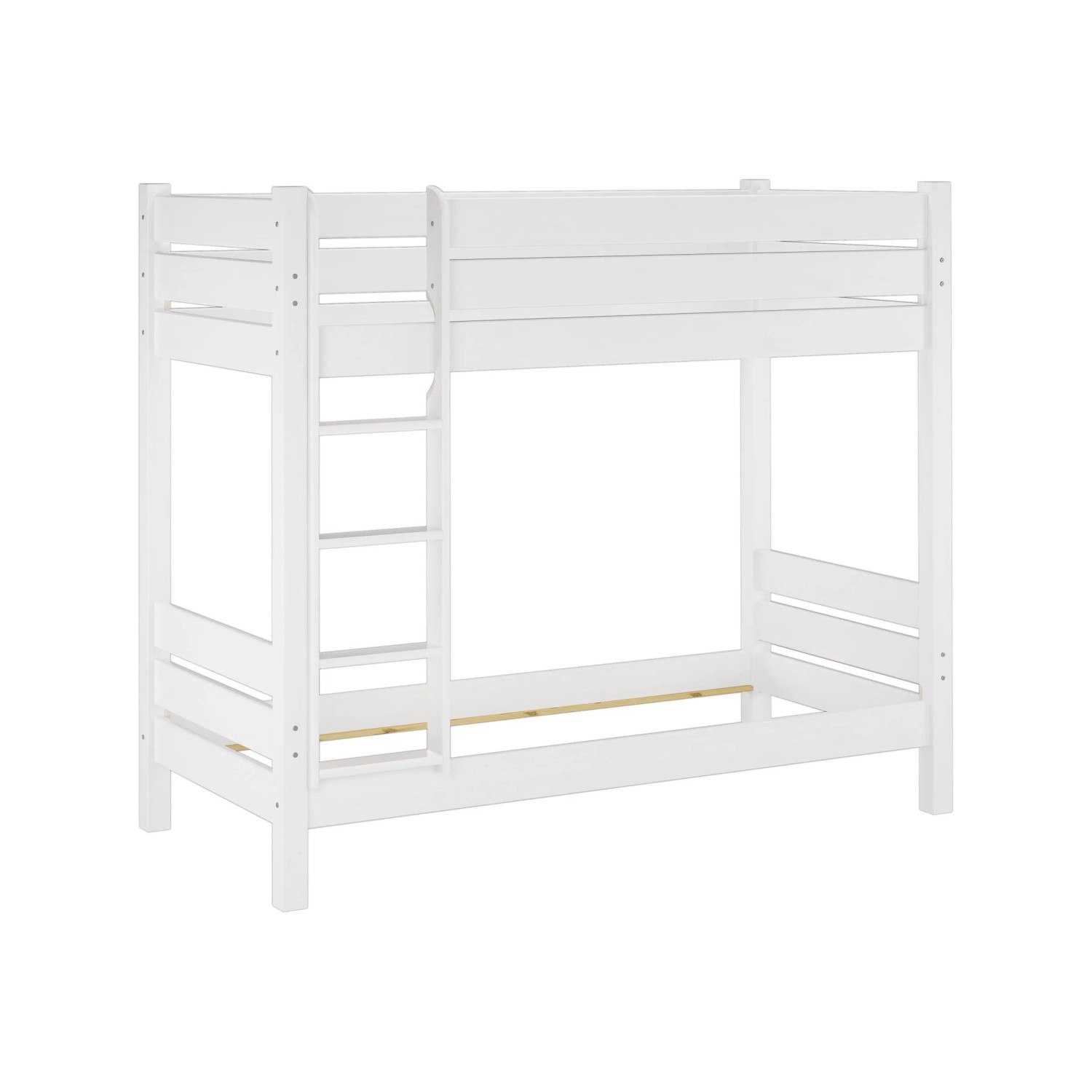 Weißes Etagenbett aus Kiefernholz 90x200 mit Leiter. Robustes Bett für Kinder und Erwachsene.
