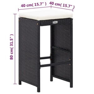 Schwarzer Barhocker aus Rattan mit creme-weißem Polster, Teil des vidaXL Gartenbar-Sets.