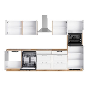 Küchenzeile Kempten 300 cm in Weiß/Wotan mit E-Geräten: Spüle, Geschirrspüler, Kochfeld, Backofen und Dunstabzugshaube.