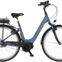 Blaues Fischer Cita 2.0 E-Bike City-Fahrrad mit Tiefeinstieg, Gepäckträger und Mittelmotor.