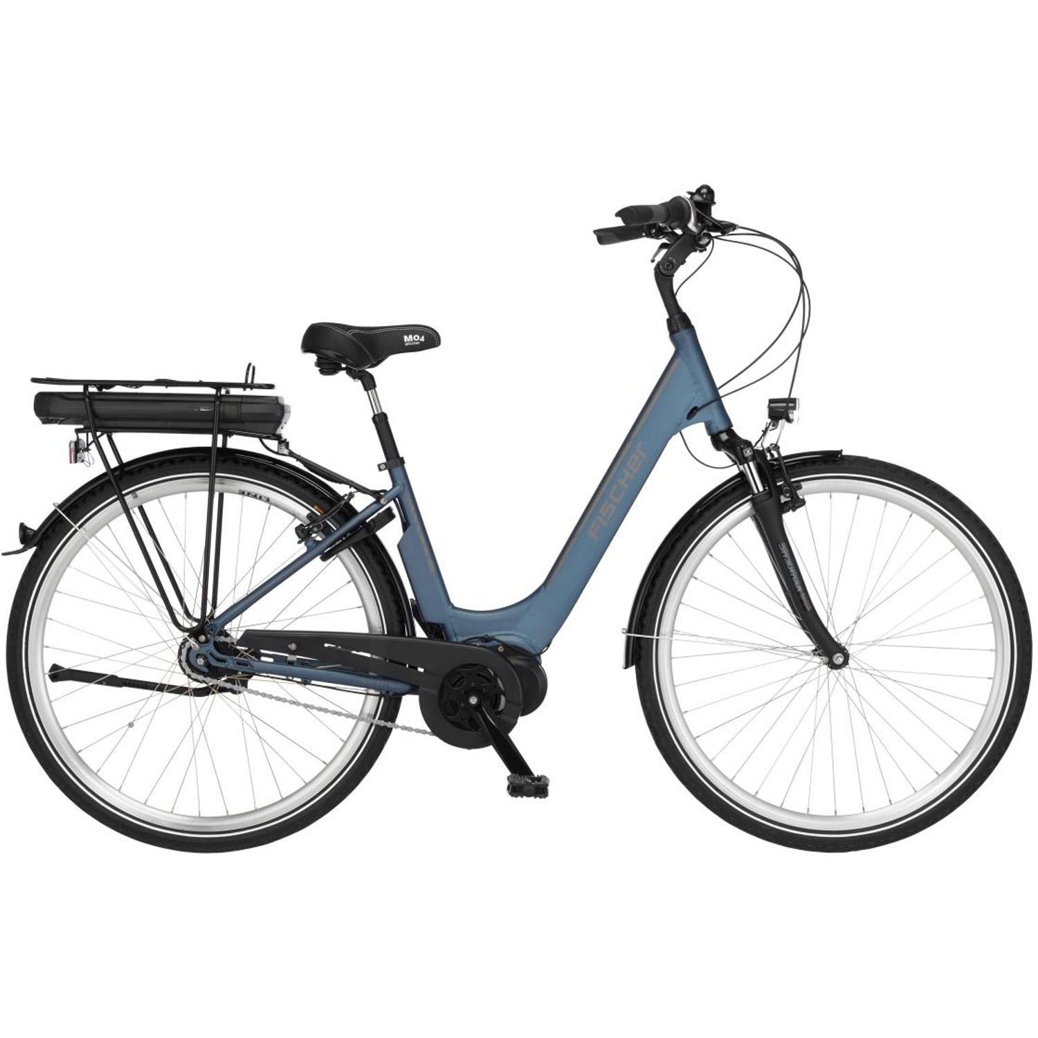 Blaues Fischer Cita 2.0 E-Bike City-Fahrrad mit Tiefeinstieg, Gepäckträger und Mittelmotor.