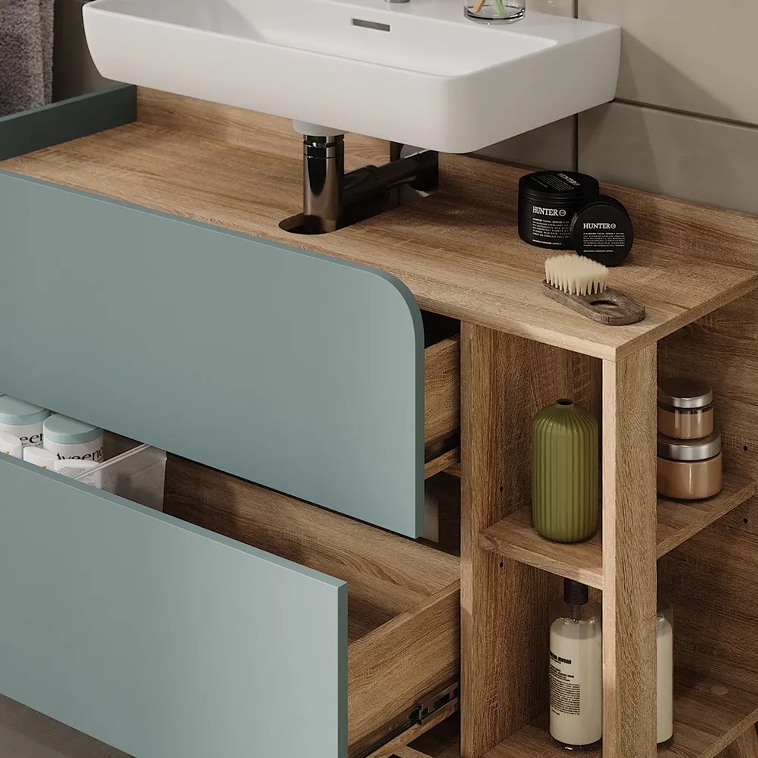 Vicco Waschbeckenunterschrank Karen, Sonoma/Blau, 100 cm breit, mit Schubladen und offenen Fächern.