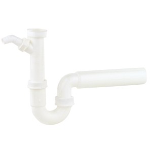 Weißer Kirchhoff Spültisch-Röhrensiphon mit Geräteanschluss für Spüle oder Waschmaschine.