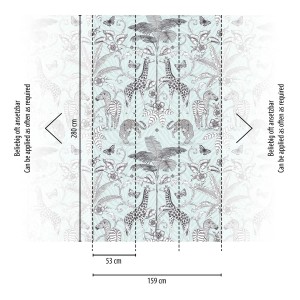 Livingwalls Fototapete mit Tiermotiv in Schwarz, Weiß und Grau, 159x280cm. Giraffen, Zebras und Leoparden auf hellem Grund.