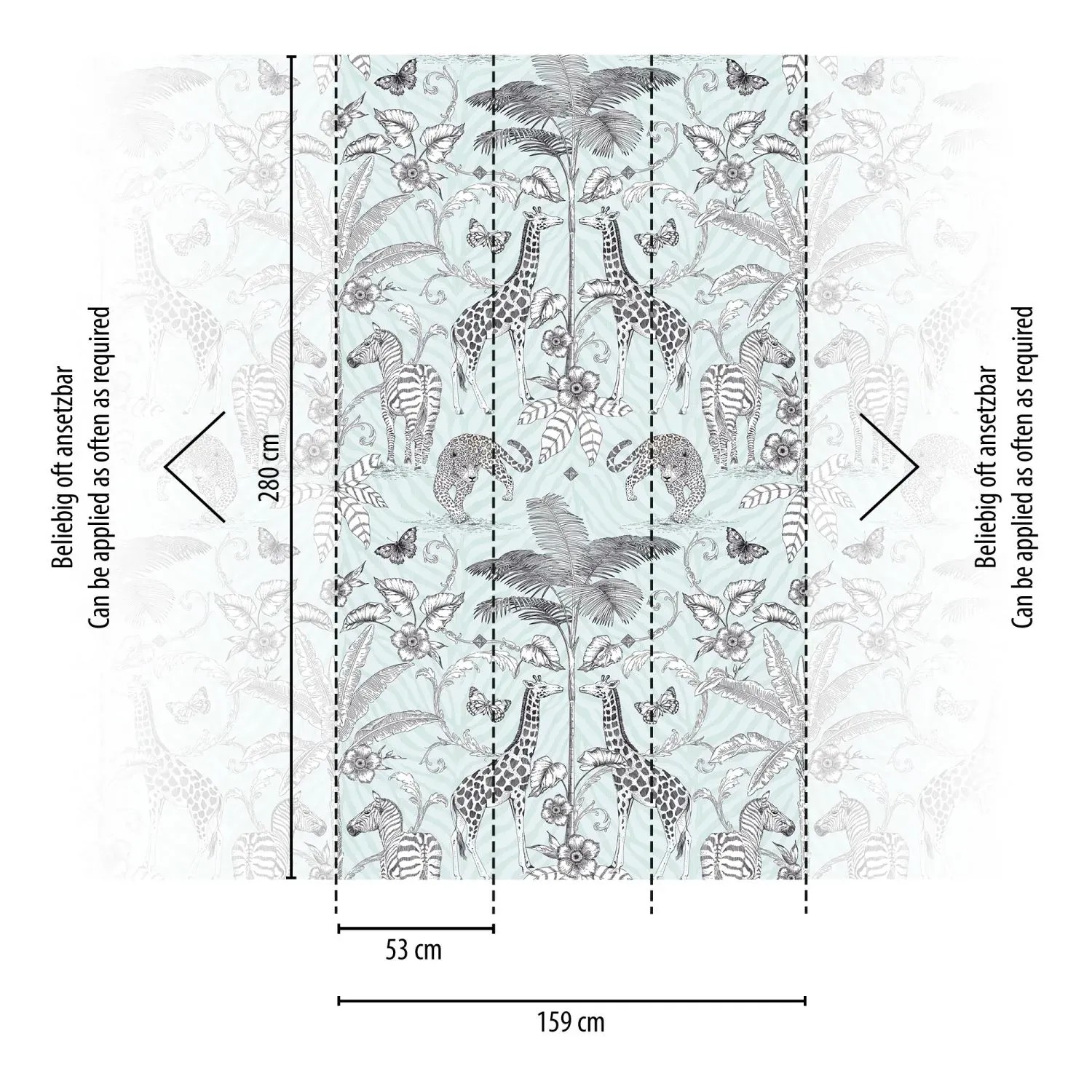 Livingwalls Fototapete mit Tiermotiv in Schwarz, Weiß und Grau, 159x280cm. Giraffen, Zebras und Leoparden auf hellem Grund.